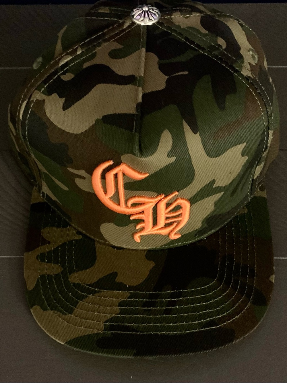 Chrome Hearts Green Camouflage Hat with Orange Emblem